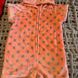Peach/pink and grey Polka Dot Hooded fuzzy Onesie